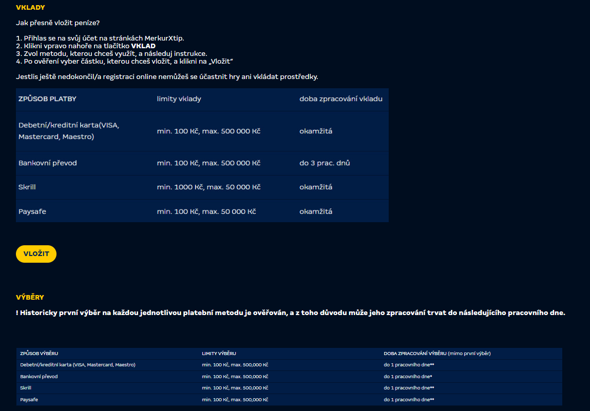 MerkurXtip vklady a výběry