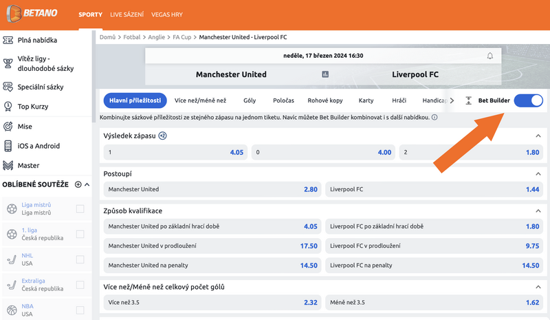 Betano BetBuilder ukázka