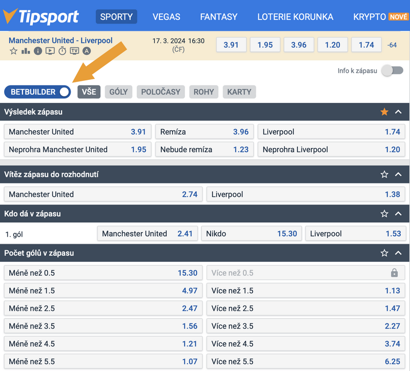 Tipsport BetBuilder ukázka