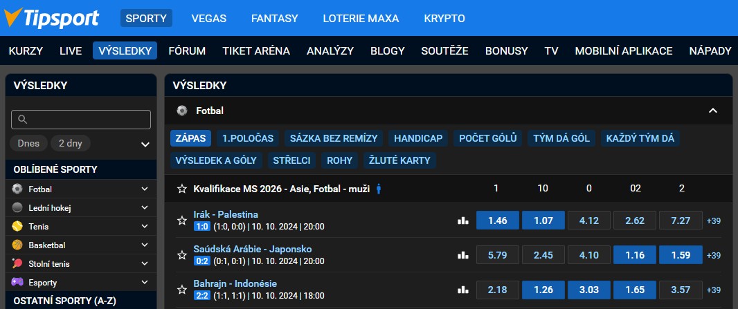 Výsledky sázek na Tipsportu