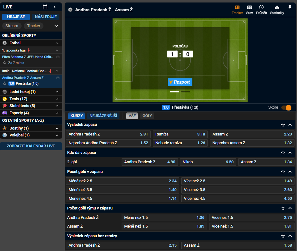 Různé typy live sázek na Tipsportu